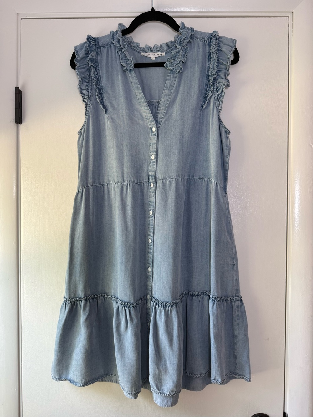 Melissa Nepton Chambray Denim Ruffle Tiered Dress Soft Girl Beach Vacation Chic